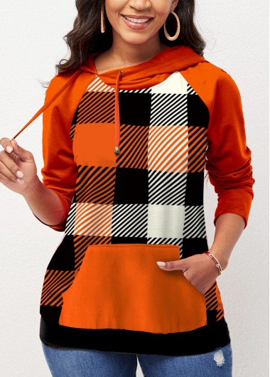 Modlily Plaid Drawstring Kangaroo Pocket Long Sleeve Hoodie - M