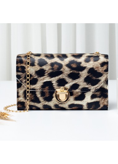 Modlily Leopard PU Gold Chain CrossBody Messenger Bag - One Size