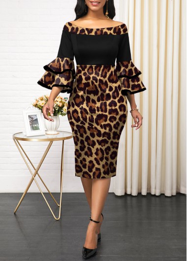 Modlily Leopard Off Shoulder Layered Bell Sleeve Dress - M