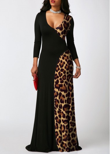 Modlily Leopard Contrast 3/4 Sleeve Maxi Dress - XL