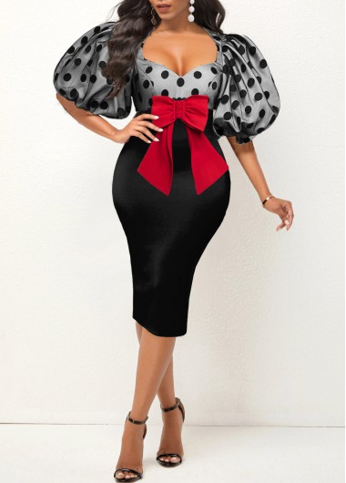 Modlily Puff Sleeve Polka Dot Bowknot Dress - S