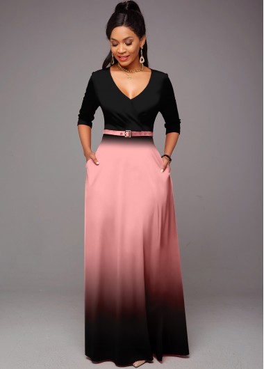 Modlily Double Side Pockets Ombre Belted Dress - M