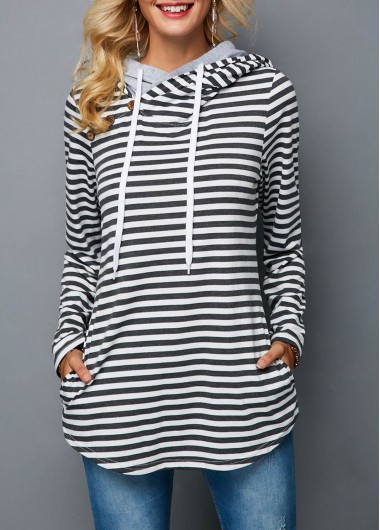 Modlily Decorative Button Stripe Print Long Sleeve Hoodie - M