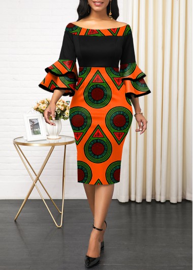 Modlily Boat Neck Layered Bell Sleeve Tribal Print Dress - S