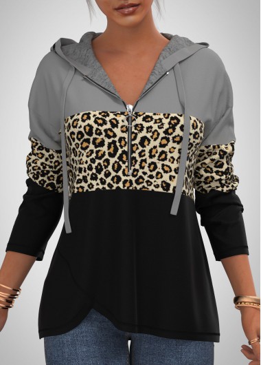 Modlily Drawstring Quarter Zip Leopard Crossover Hem Hoodie - M