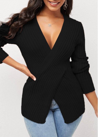 Modlily V Neck Cross Front Long Sleeve Black Sweater - S