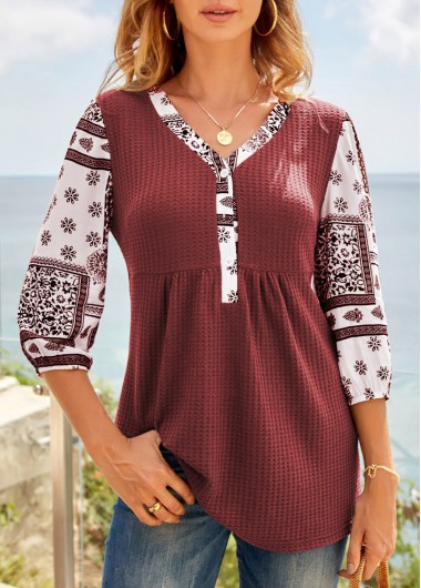Modlily Waffle Crochet Tunic Top Red Tribal V Neck Print 3/4 Sleeve Tunic Top - M