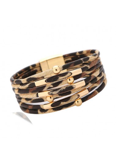 Modlily Metal Detail Leather Leopard Design Bangle - One Size