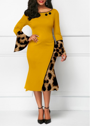 Modlily Flare Sleeve Leopard Round Neck Mermaid Dress - S