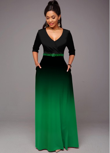 Modlily Ombre 3/4 Sleeve V Neck Pocket Dress - S