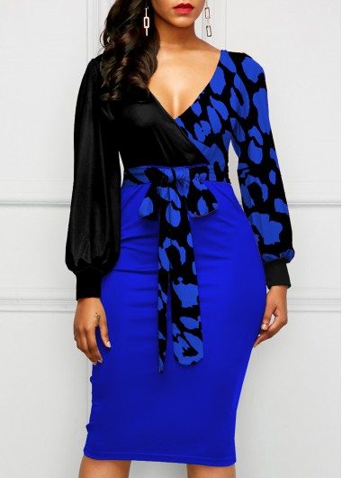 Modlily Leopard Lantern Sleeve Bowknot Bodycon Dress - S