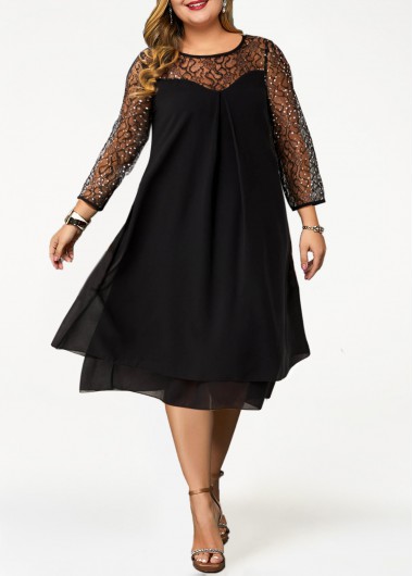 Modlily Plus Size Round Neck Sequin 3/4 Sleeve Dress - 3X