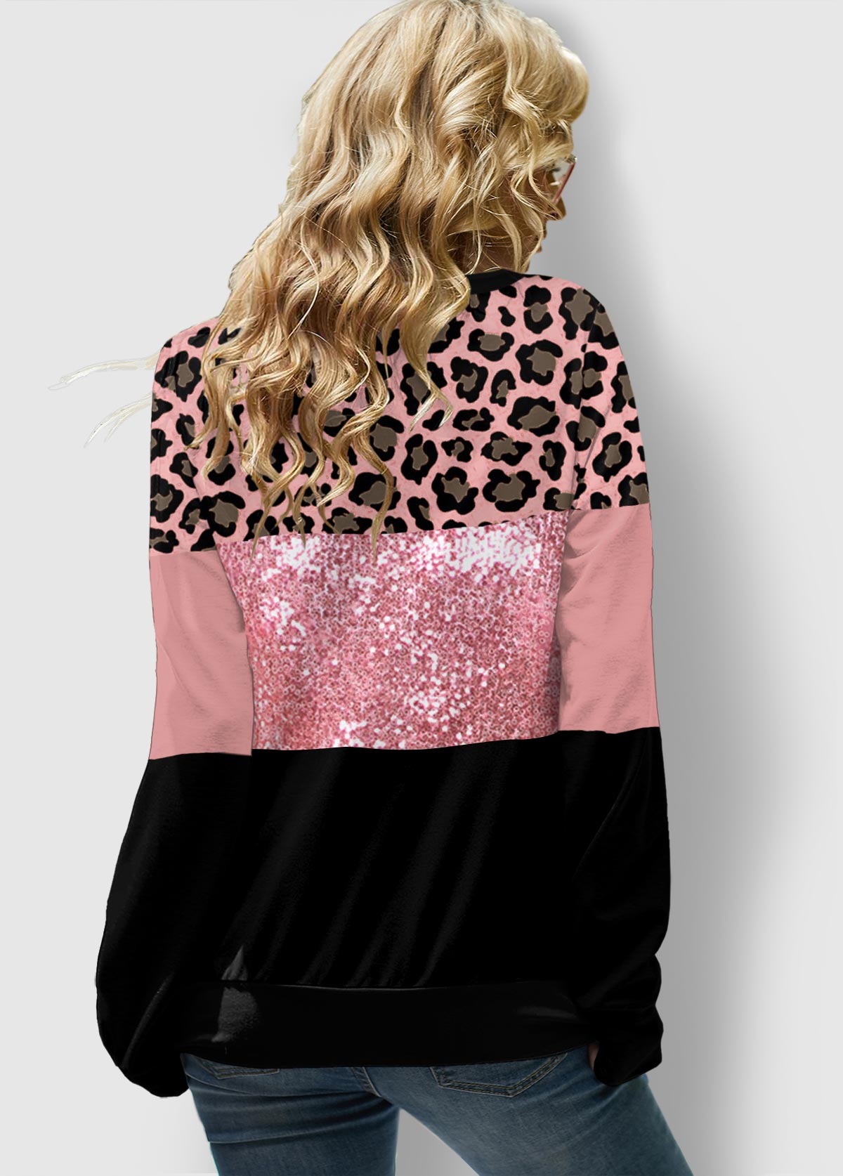 Leopard Sequin Panel Lace Up Sweatshirt