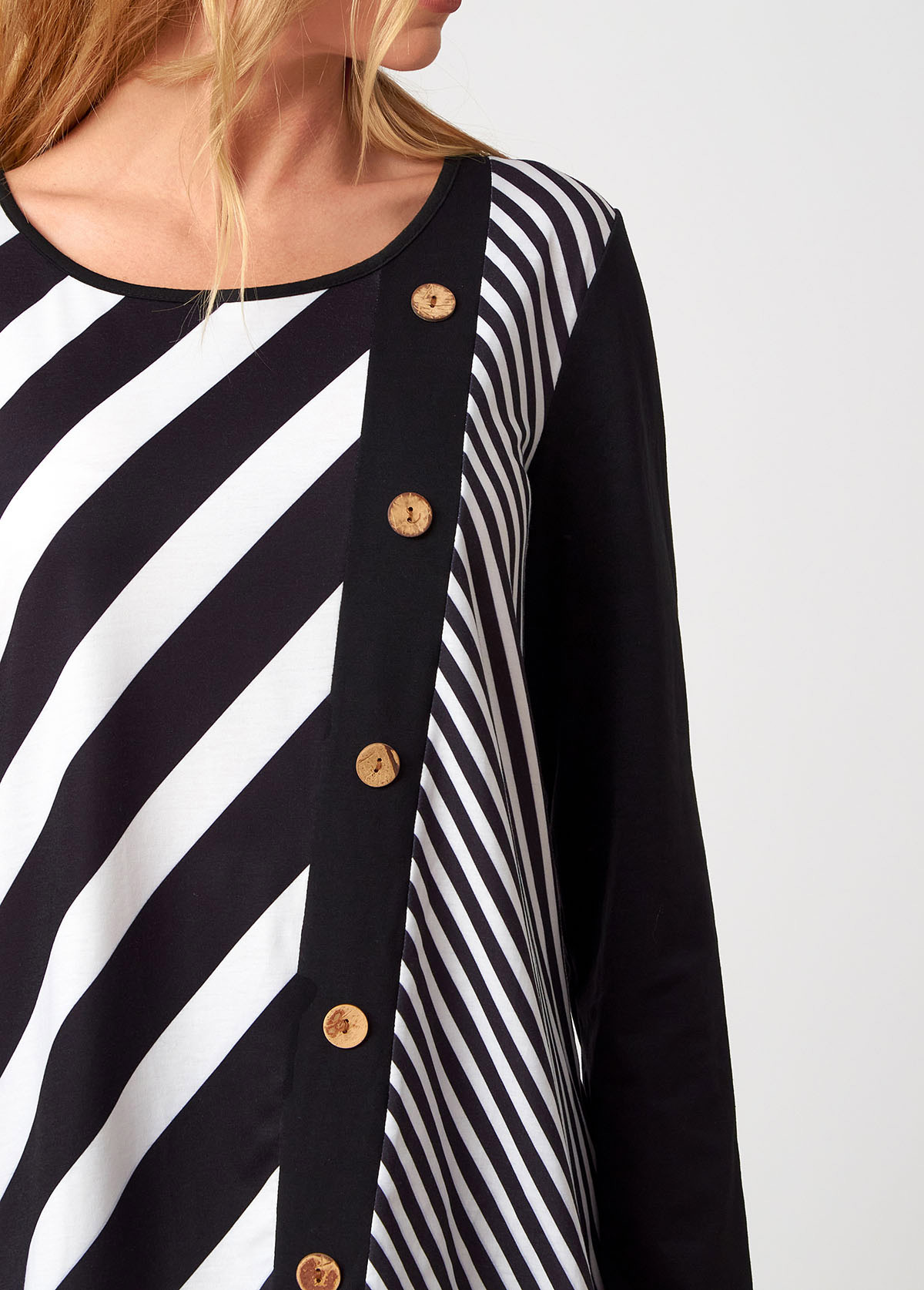 Decorative Button Stripe Print Long Sleeve T Shirt