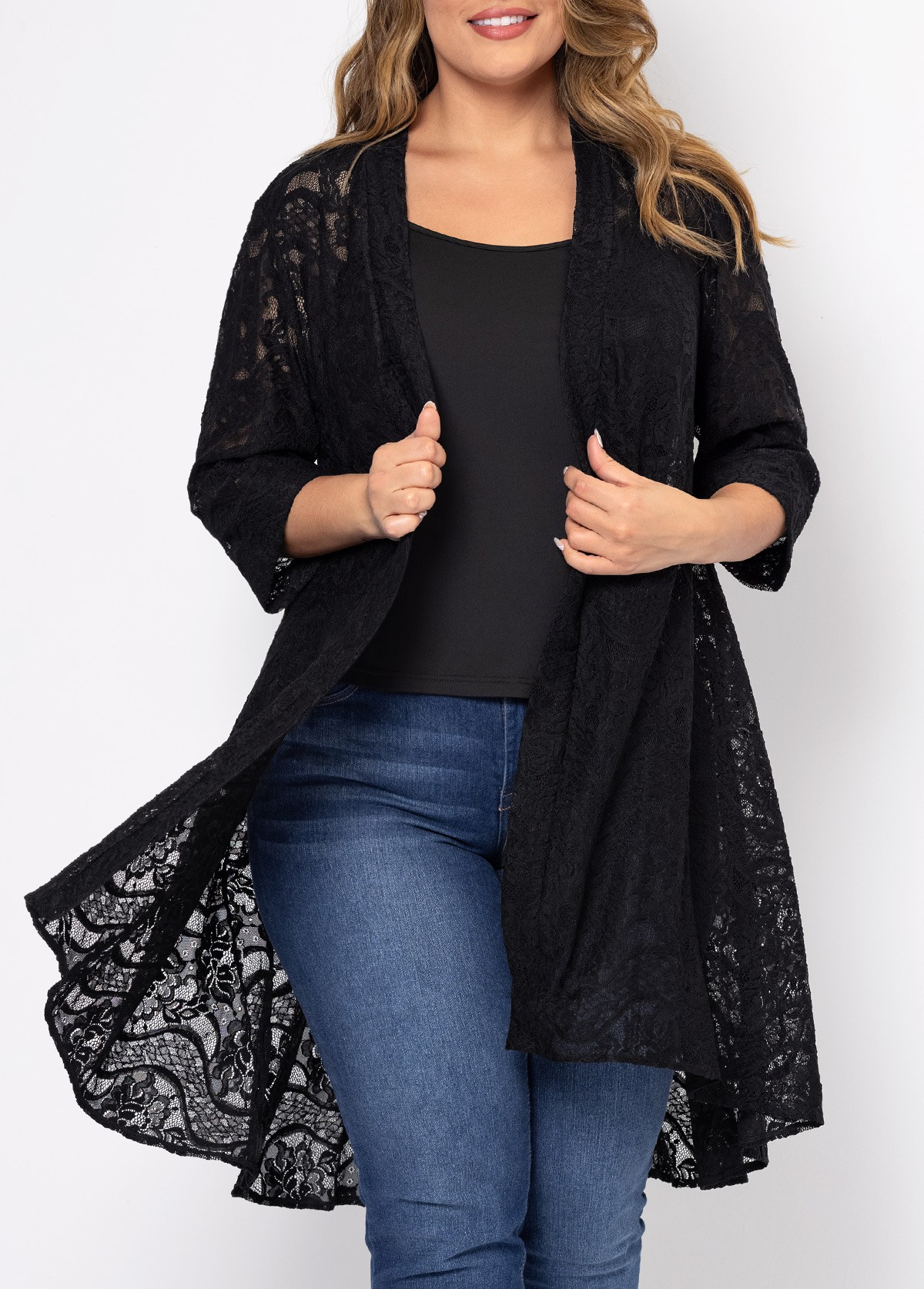 Plus Size Lace Stitching Solid Cardigan