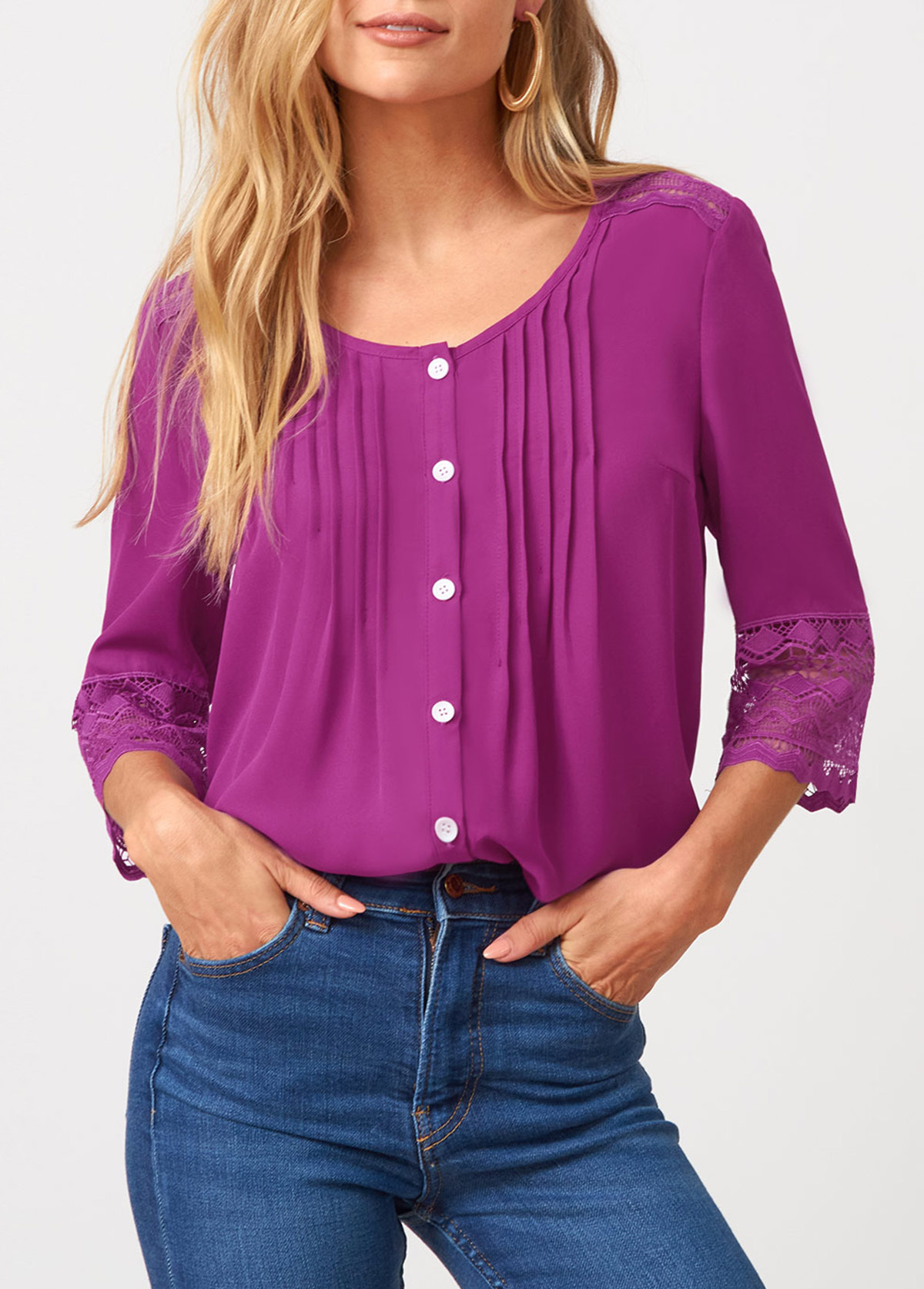 Lace Patchwork Solid Crinkle Chest Blouse