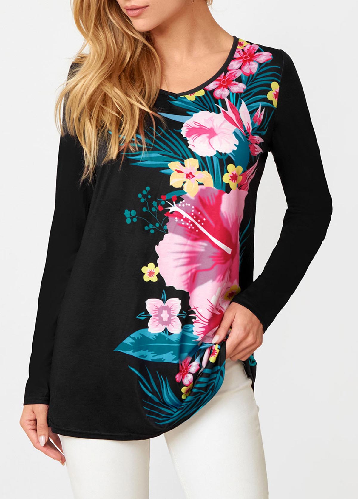 Floral Print Long Sleeve V Neck T Shirt