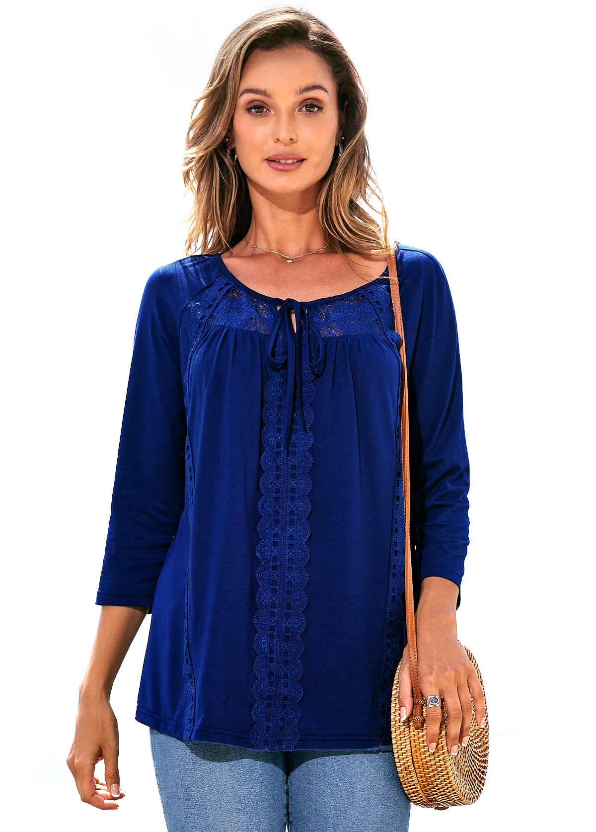 Lace Stitching Tie Front 3/4 Sleeve T Shirt