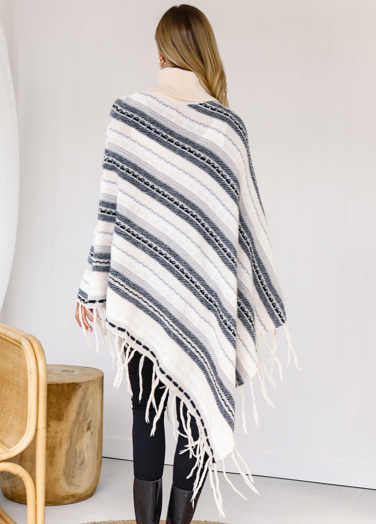 Tassel Stripe Print Long Sleeve Turtleneck Sweater