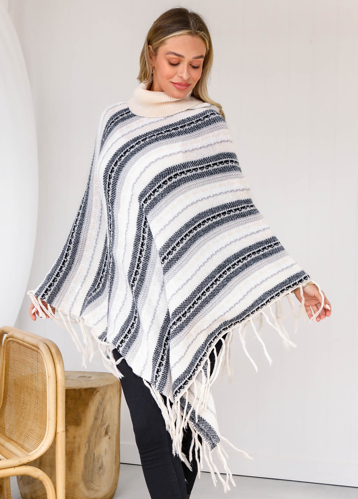 Tassel Stripe Print Long Sleeve Turtleneck Sweater