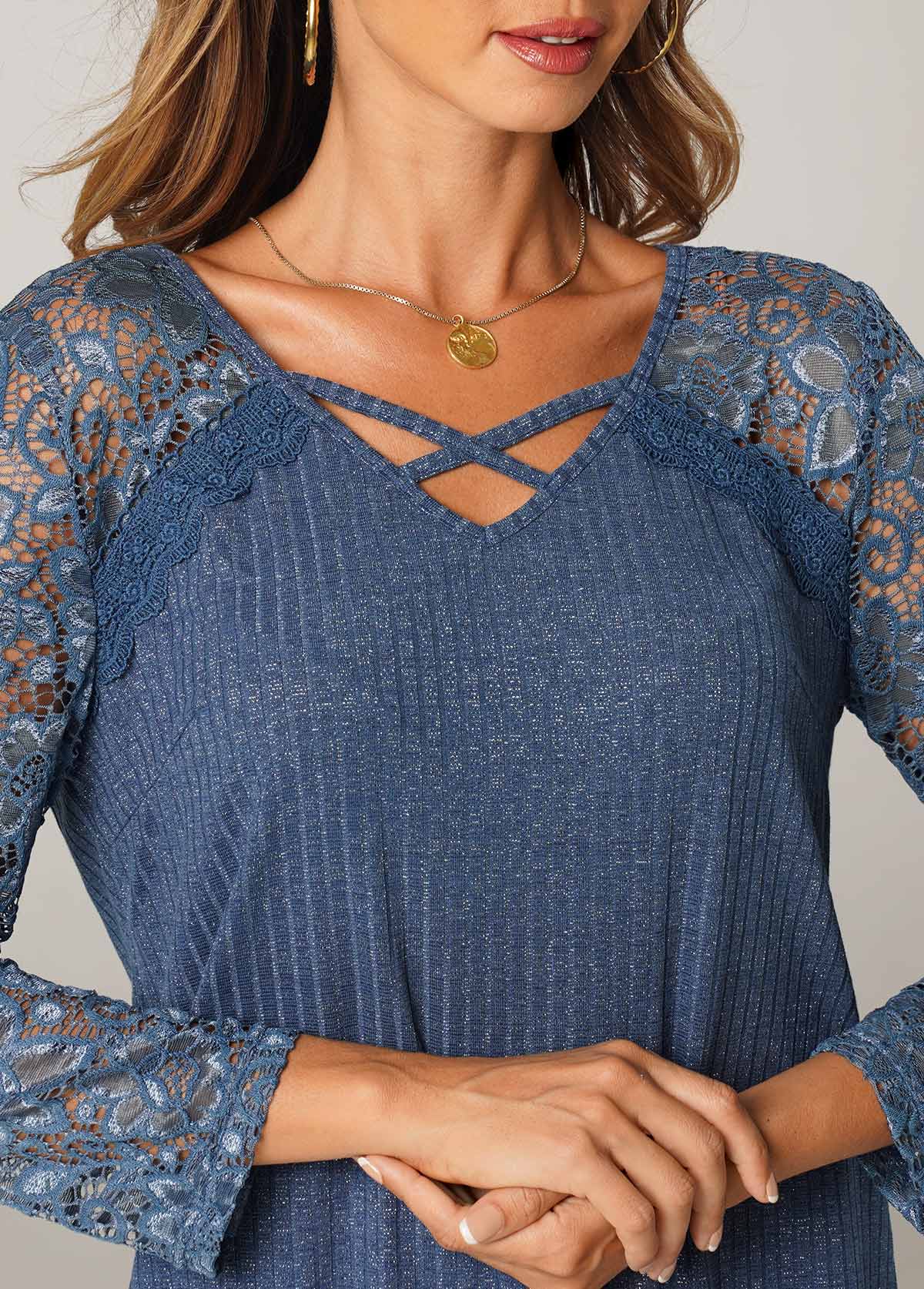 Blue Cross Strap Lace Stitching T Shirt
