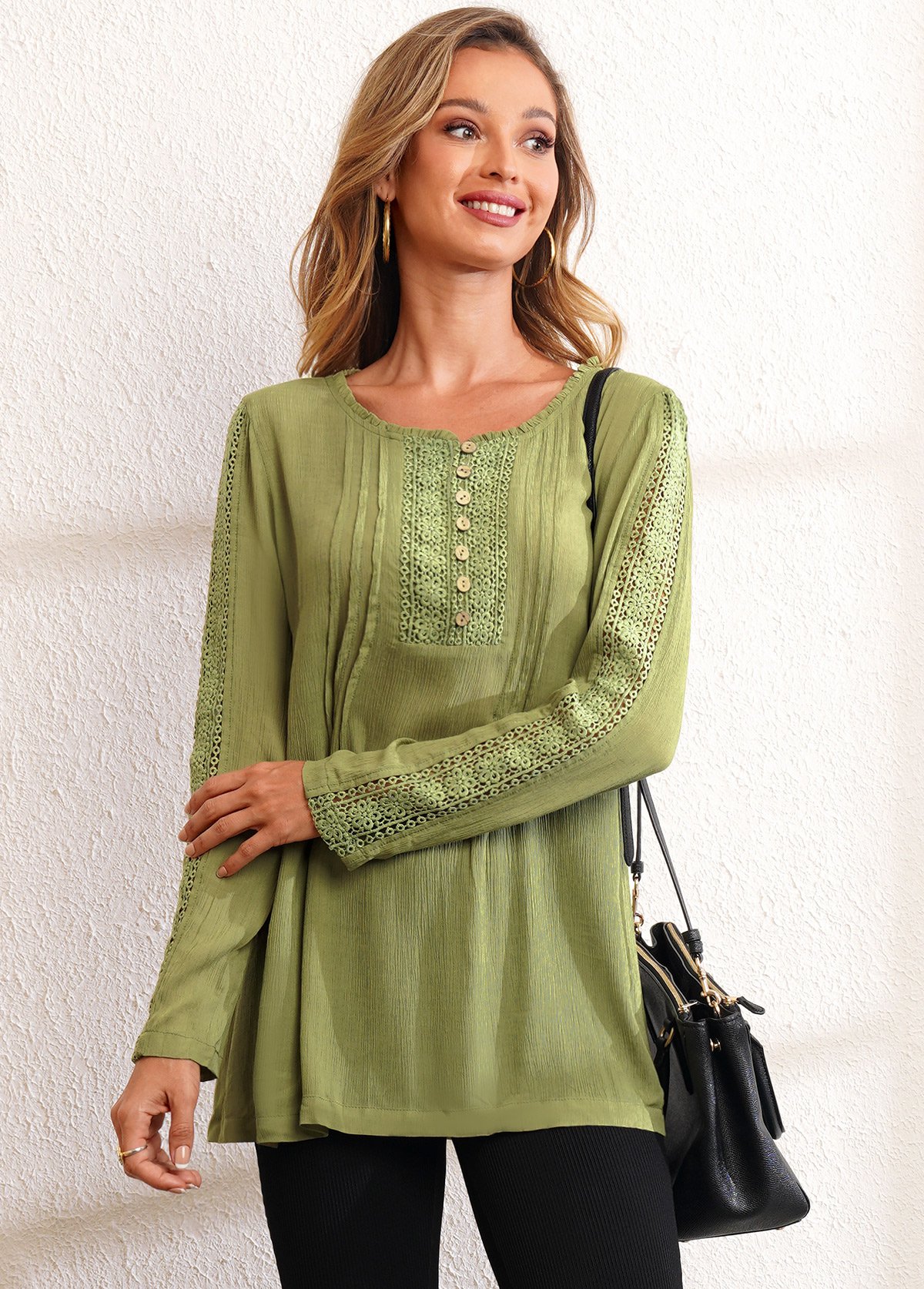 Crinkle Chest Lace Stitching Long Sleeve Blouse