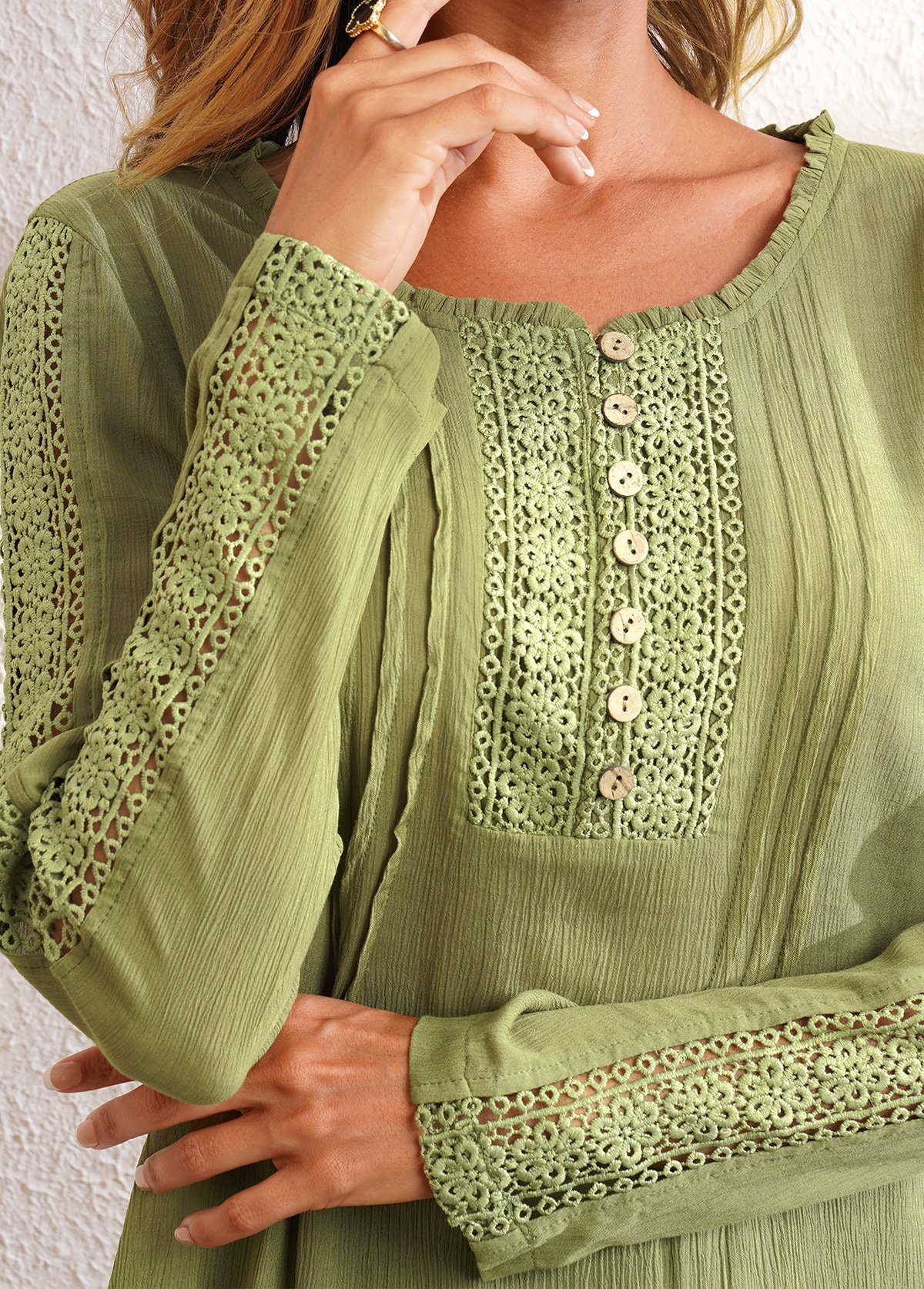Crinkle Chest Lace Stitching Long Sleeve Blouse