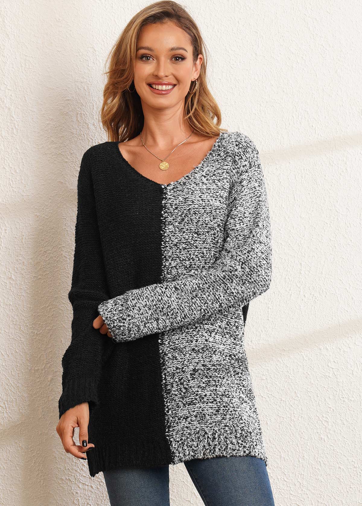 Long Sleeve V Neck Contrast Sweater