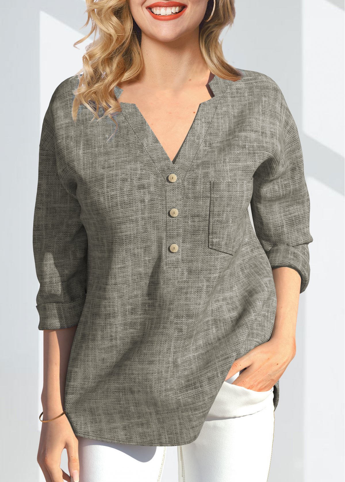 Linen V Neck 3/4 Sleeve T Shirt USD 43.98