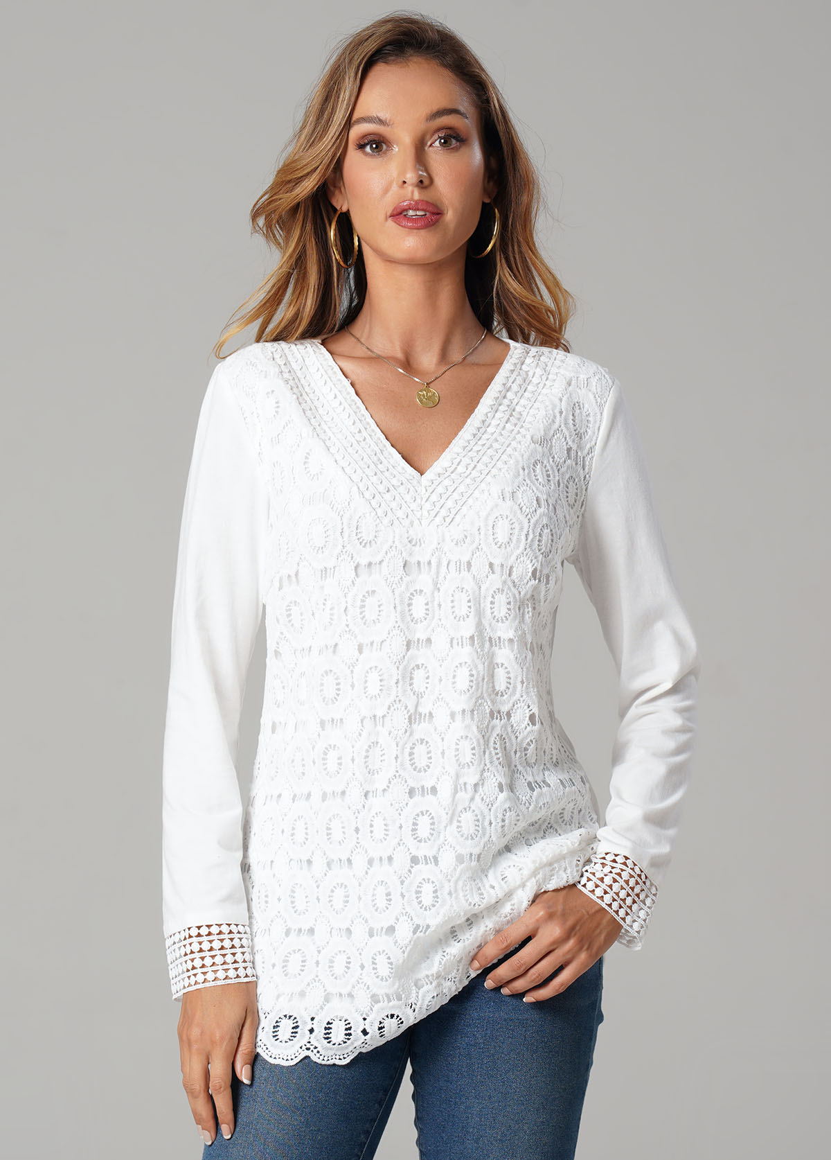 Lace Splicing Solid Long Sleeve V Neck T Shirt