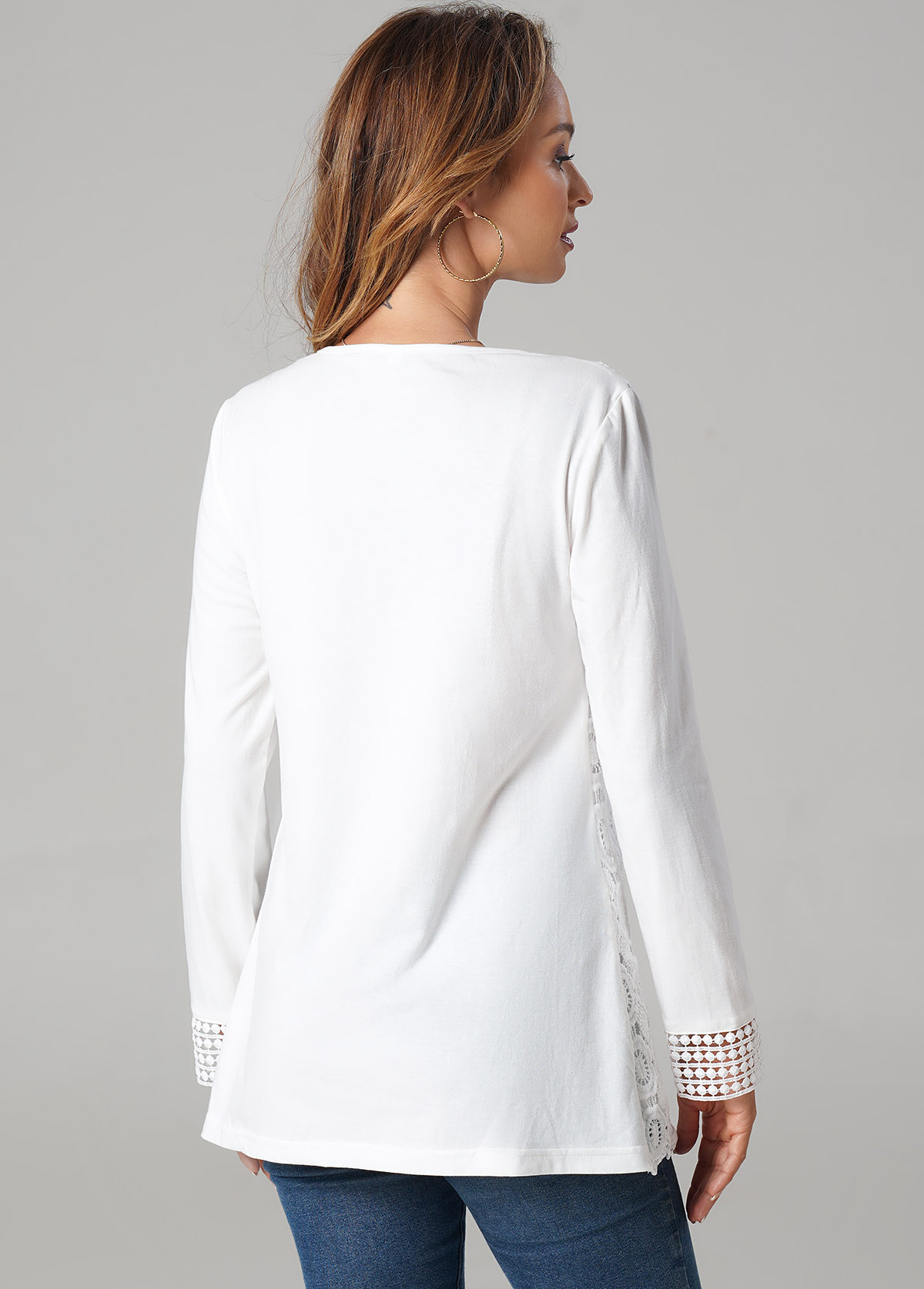 Lace Splicing Solid Long Sleeve V Neck T Shirt | modlily.com - USD 32.98