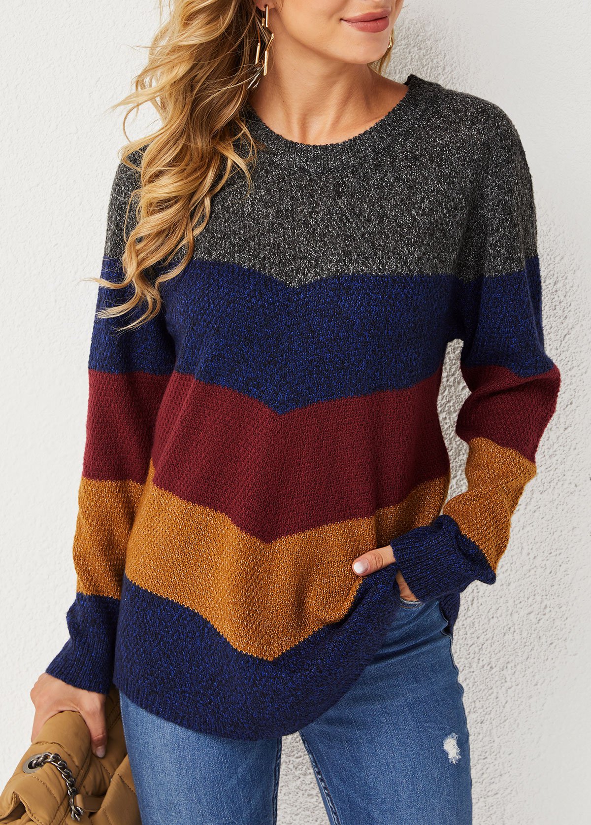 Patchwork Long Sleeve Round Neck Sweater