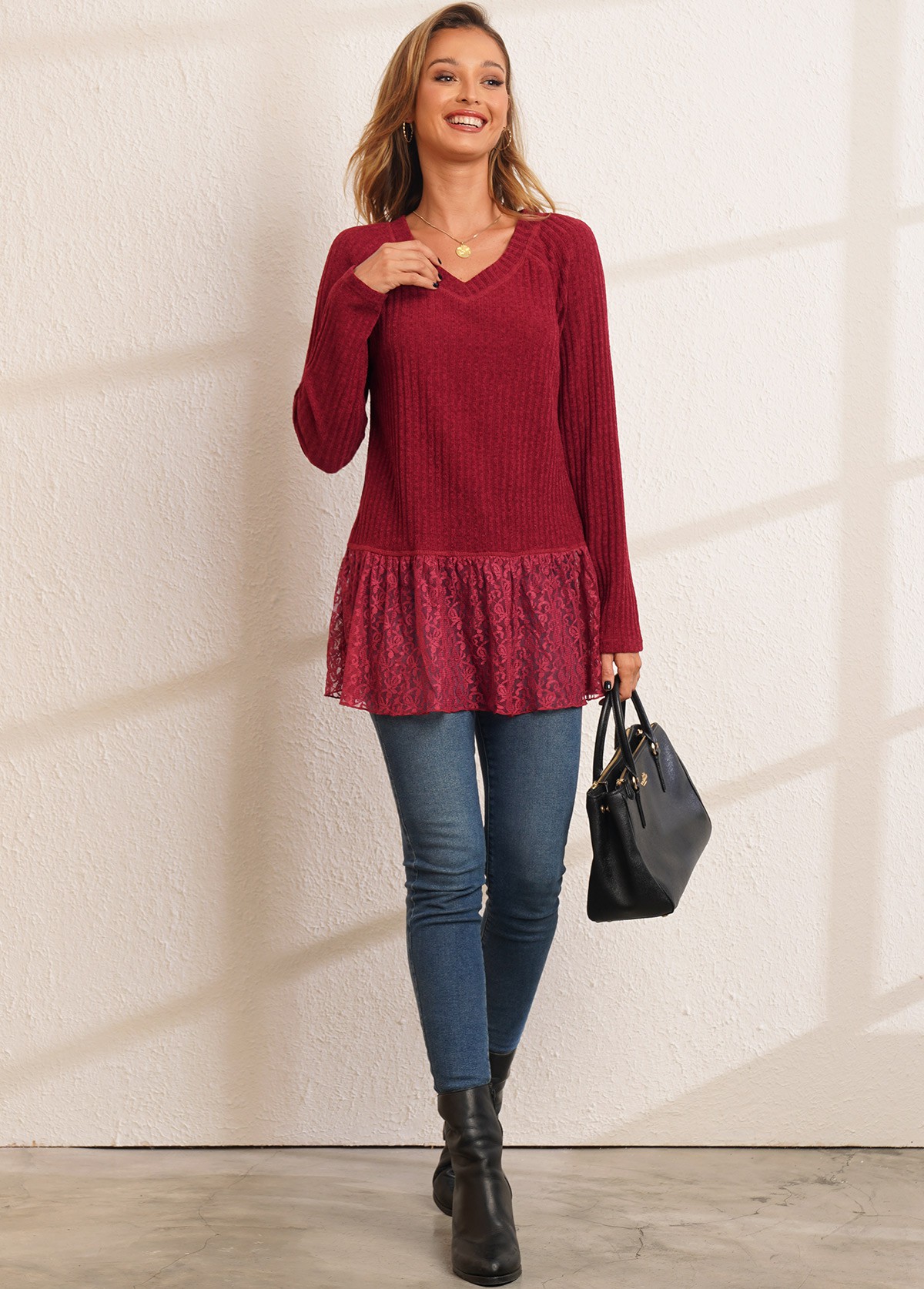 Lace Patchwork Solid Long Sleeve V Neck T Shirt