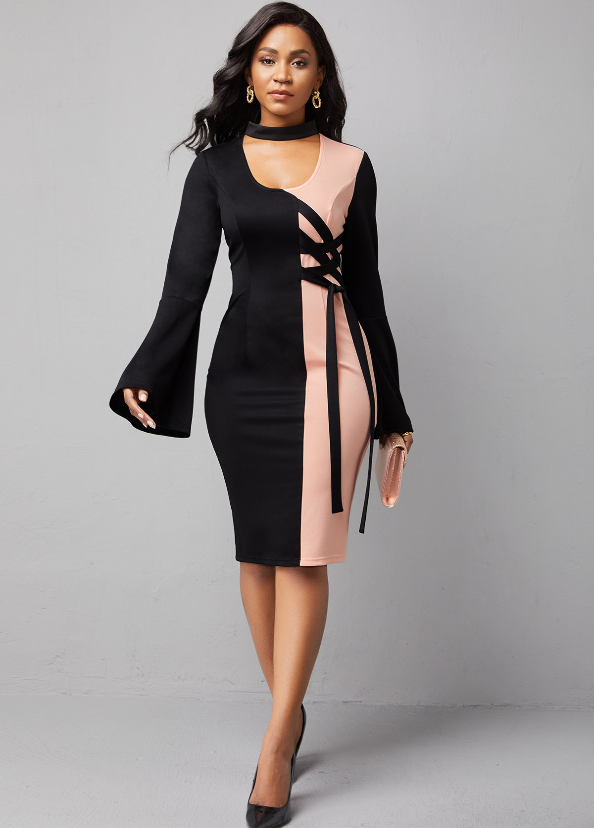 Cutout Detail Lace Up Flare Sleeve Dress