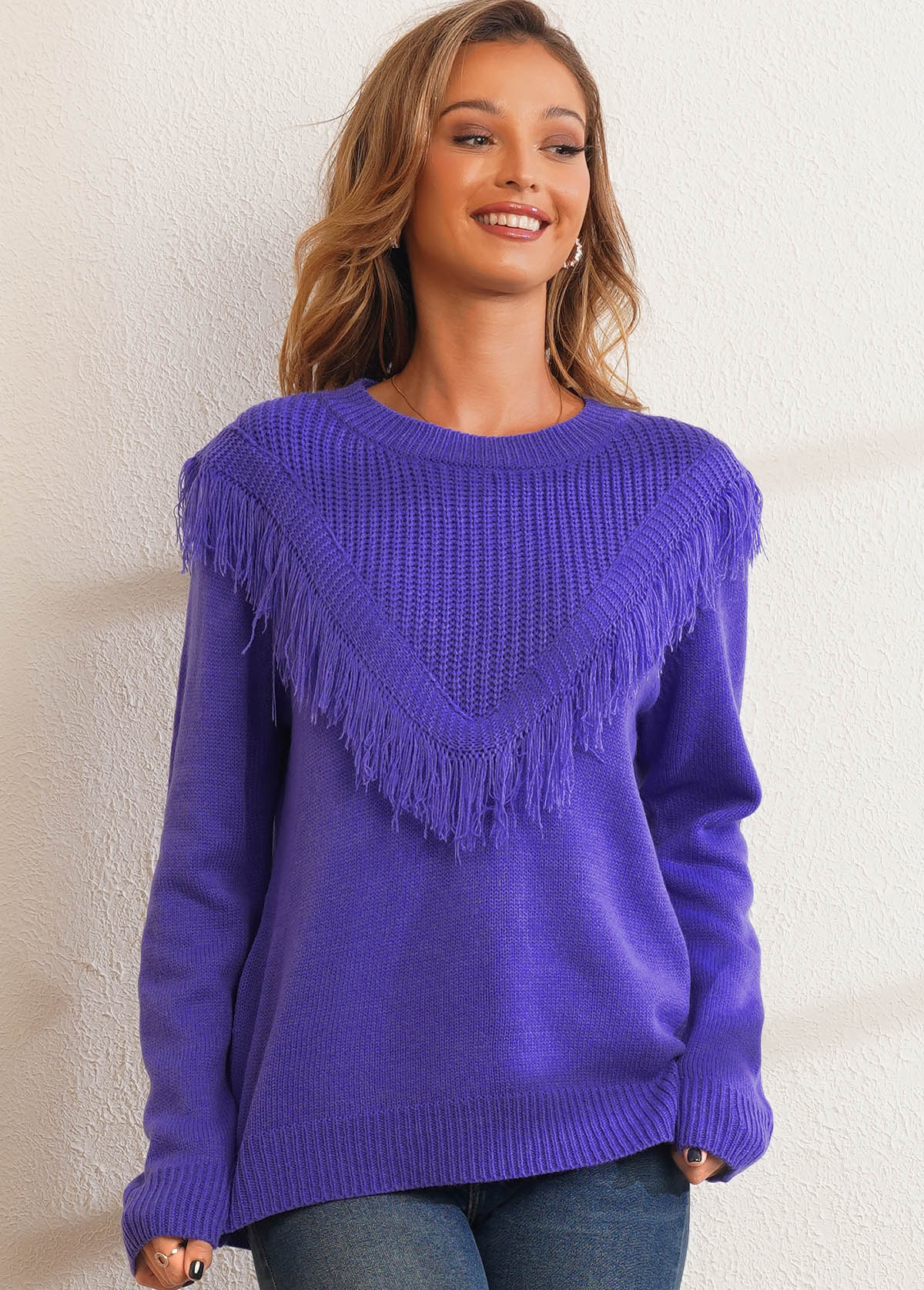Tassel Solid Long Sleeve Round Neck Sweater