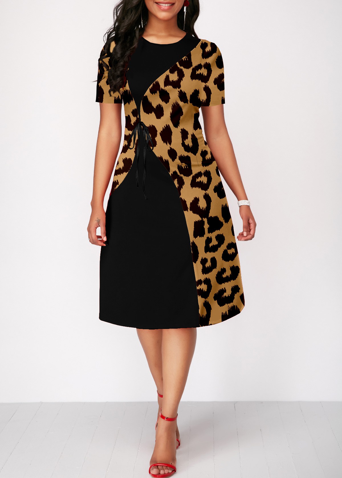 Leopard Short Sleeve Round Neck Dress