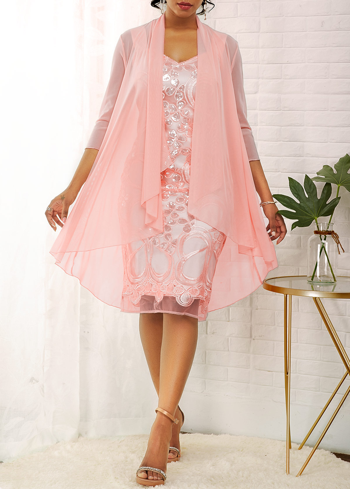 3/4 Sleeve Cardigan and Glitter Fabric Stitching Dress