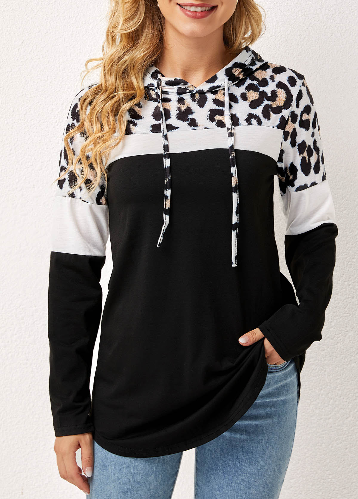 Hooded Collar Drawstring Leopard Long Sleeve T Shirt