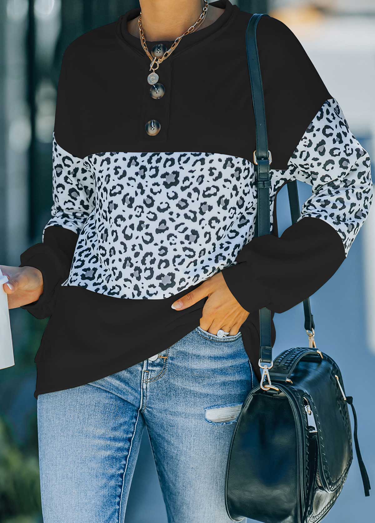 Decorative Button Leopard Long Sleeve Sweatshirt