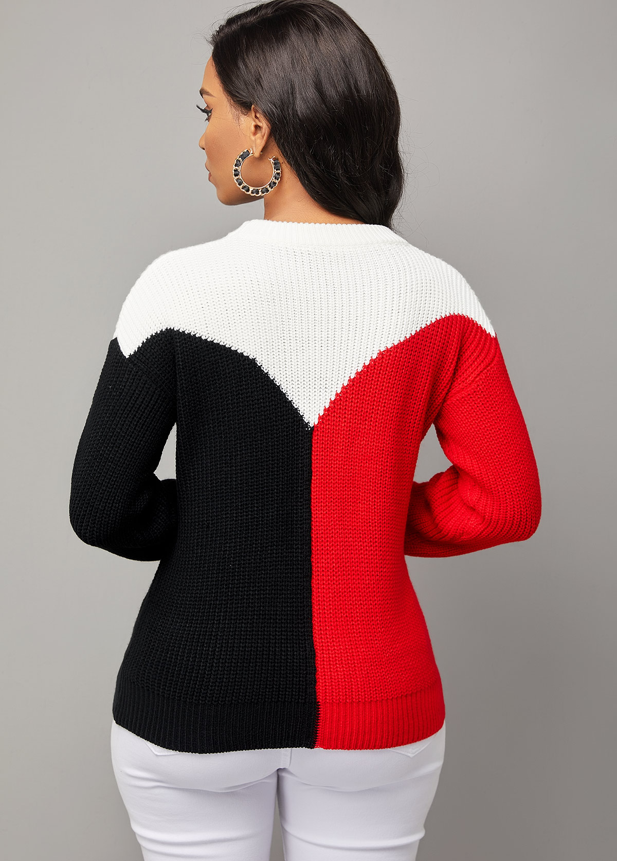 Round Neck Contrast Long Sleeve Sweater