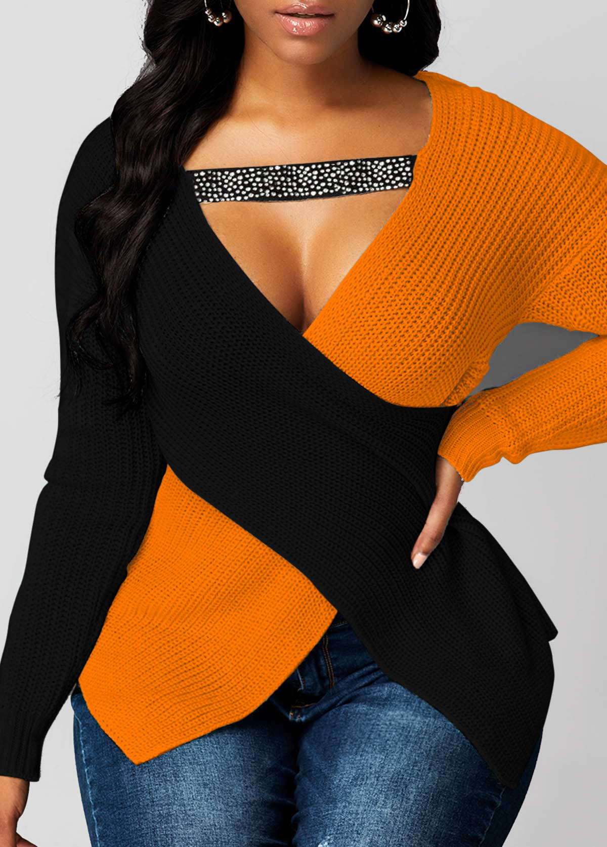 Asymmetric Hem Long Sleeve Contrast Sweater