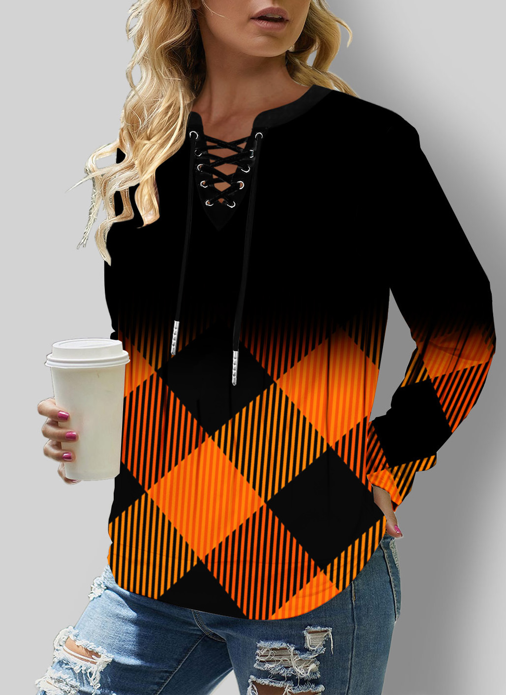 Lace Up Plaid Ombre Long Sleeve Sweatshirt