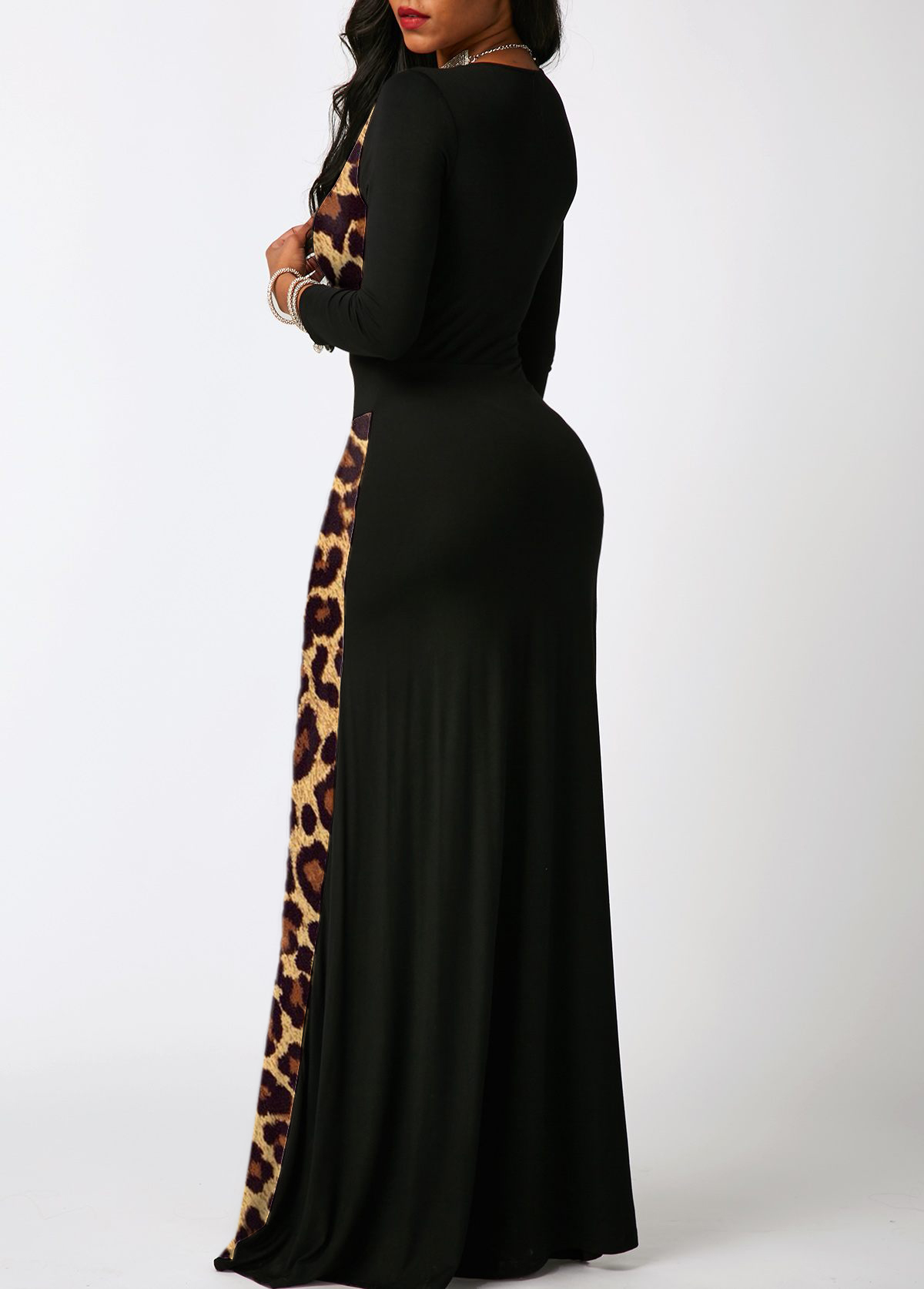 Leopard Contrast 3/4 Sleeve Maxi Dress