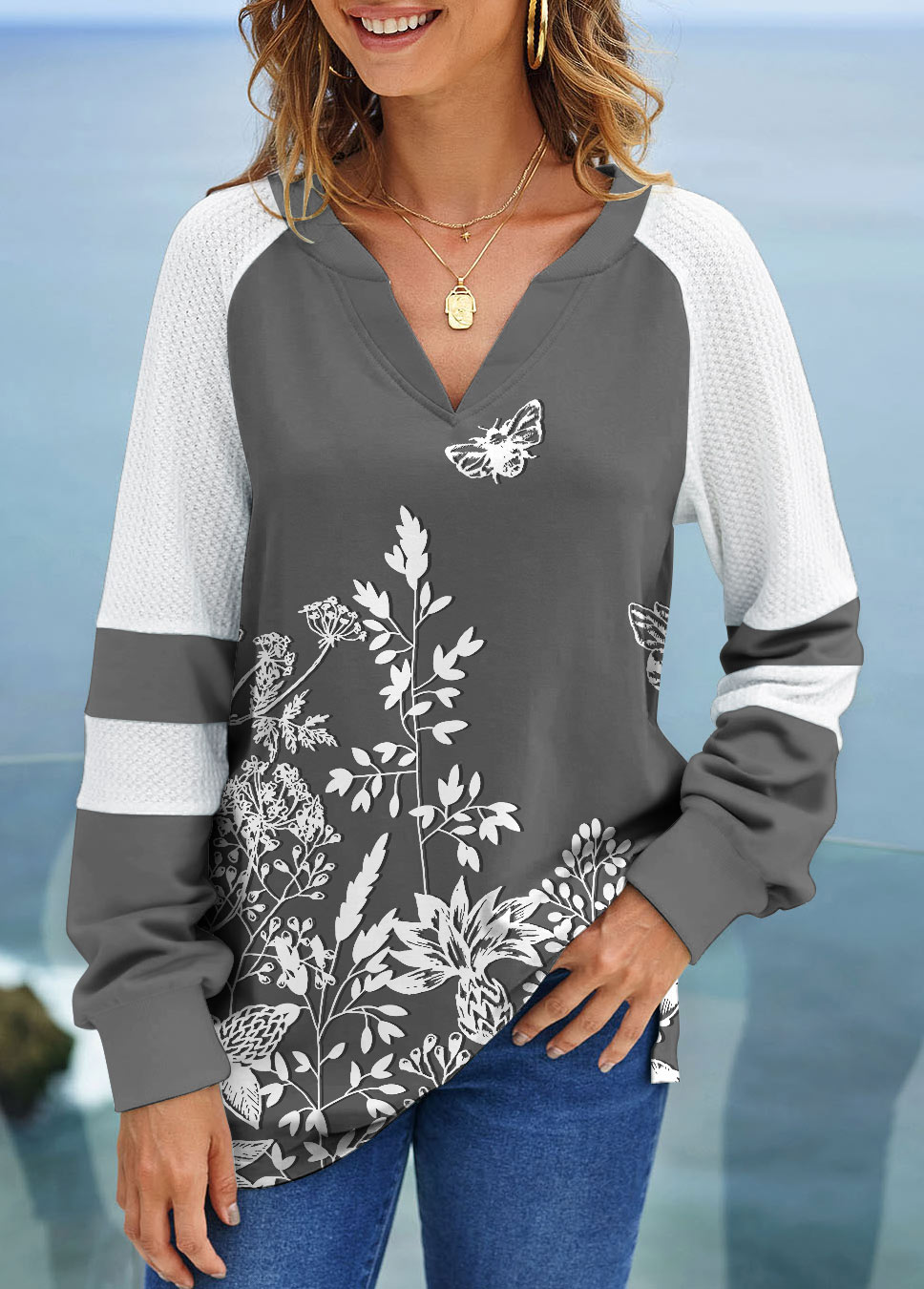 Floral Print Split Neck Long Sleeve Sweatshirt