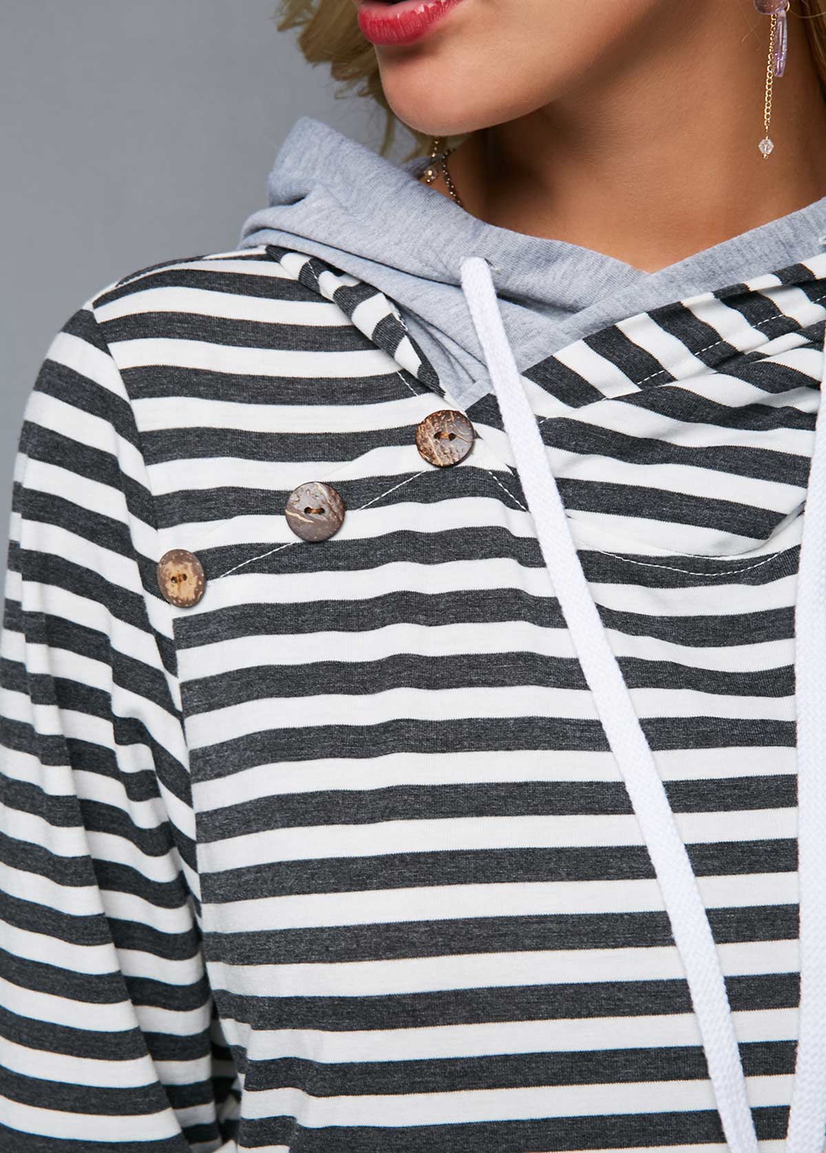 Decorative Button Stripe Print Long Sleeve Hoodie