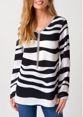 Striped Tassel V Neck Long Sleeve Blouse