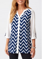 Split Neck Chevron Print Three Quarters Sleeve Blouse