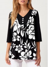 Decorative Button Floral Print T Shirt