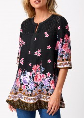 Split Neck Floral Print Lace Stitching Blouse | thumb picture 