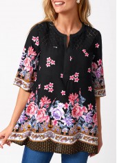 Split Neck Floral Print Lace Stitching Blouse | thumb picture 